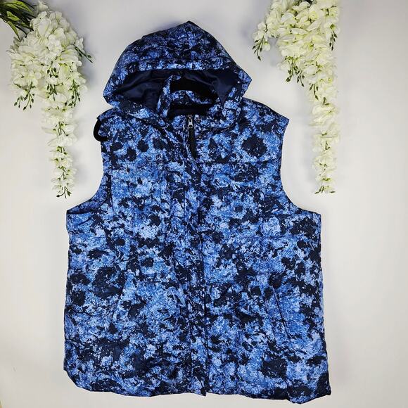Susan Graver Hooded Puffer Quilted Vest Size 2X XXL Blue Abstract Winter Cozy - Picture 1 of 14